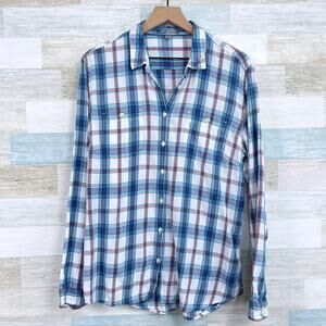 Horny Toad & Co Flannel Button Down Tunic Shirt Blue White Plaid Womens Small